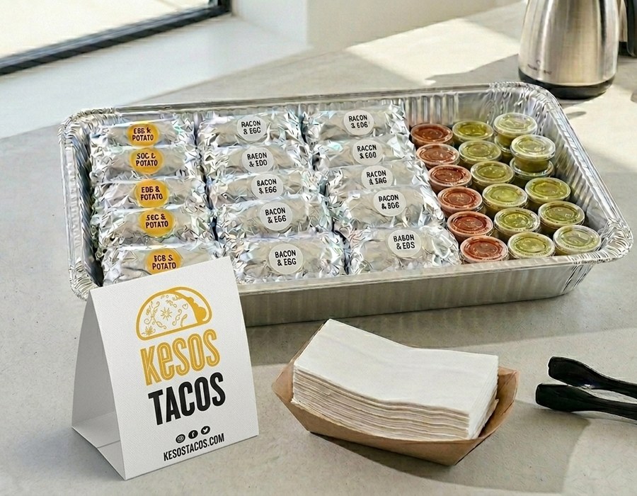 Kesos Tacos individually wrapped breakfast taco catering tray Austin TX