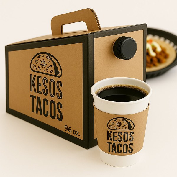 Kesos Tacos catering coffee 96oz box with branded cup