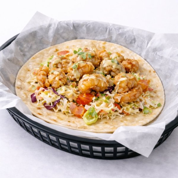 Baja Shrimp taco — hand-battered fried shrimp on a flour tortilla