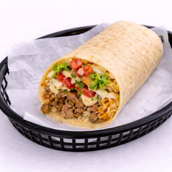 Burrito — refried beans, Spanish rice and your choice of protein wrapped in a flour tortilla