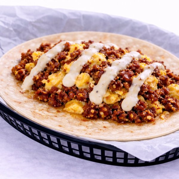 Chorizo and scrambled egg breakfast taco topped with queso on a flour tortilla