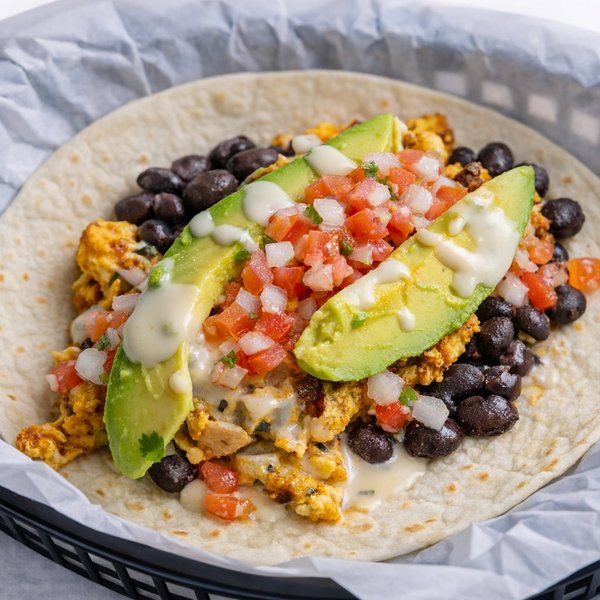 El Rey breakfast taco — chorizo and scrambled eggs topped with queso on a flour tortilla