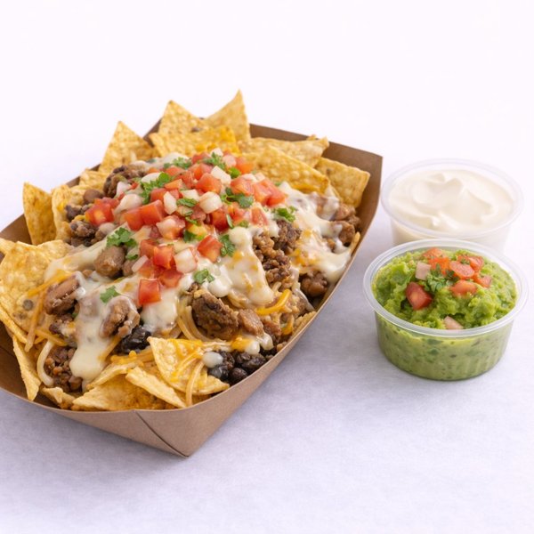 Grande Nachos — homemade tortilla chips piled high with queso, pico de gallo and toppings