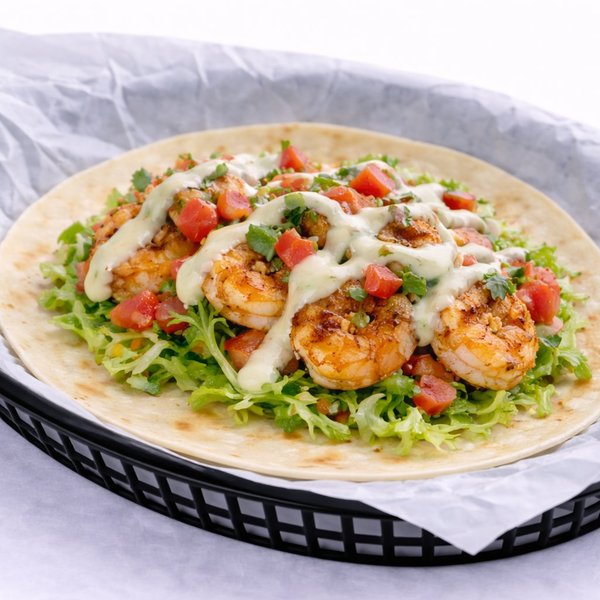 Islander taco — grilled shrimp with lettuce, pico de gallo and queso