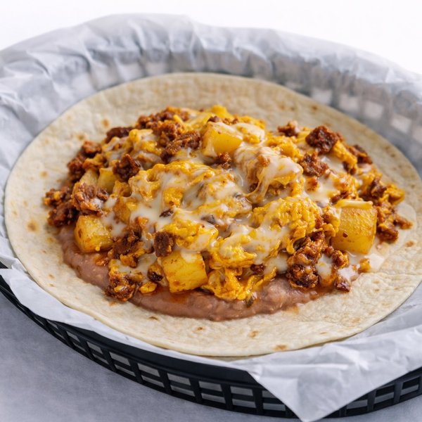 John Special breakfast taco with chorizo, potatoes, scrambled eggs and refried beans topped with queso