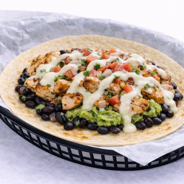 Pollo Flaco taco — grilled chicken with black beans and fresh toppings