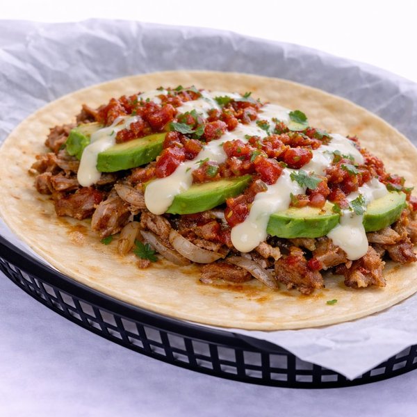 Puerco Rojo taco — slow-roasted pork carnitas with grilled peppers