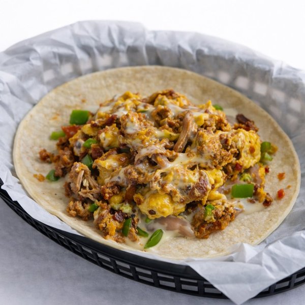 Rise N Shine breakfast taco — chorizo, bacon, slow-roasted pork carnitas and scrambled eggs on a flour tortilla