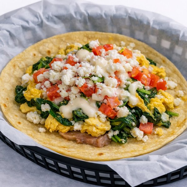 Riser taco — spinach, scrambled eggs, pico de gallo and queso fresco on a corn tortilla