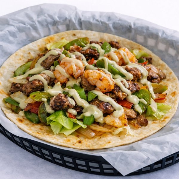 Surf N Turf Diablo — grilled beef fajita and shrimp with Fire Red salsa