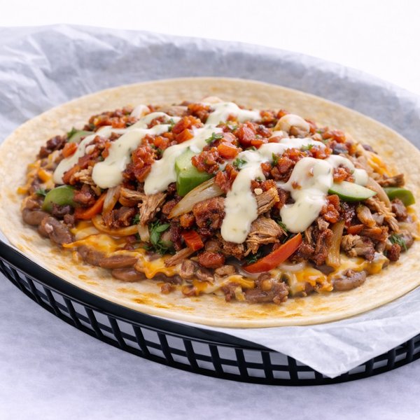 Triple Oinker taco — slow-roasted carnitas, chorizo and bacon loaded on a flour tortilla