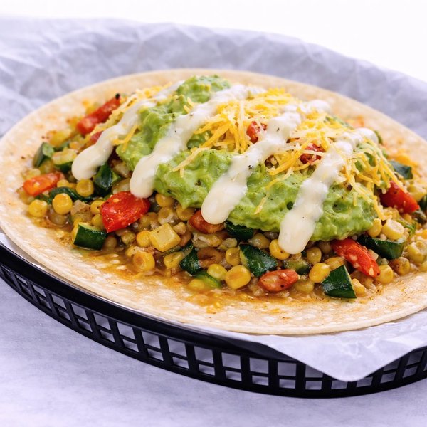 Veggie taco — grilled sweet corn, onions and bell peppers on a flour tortilla