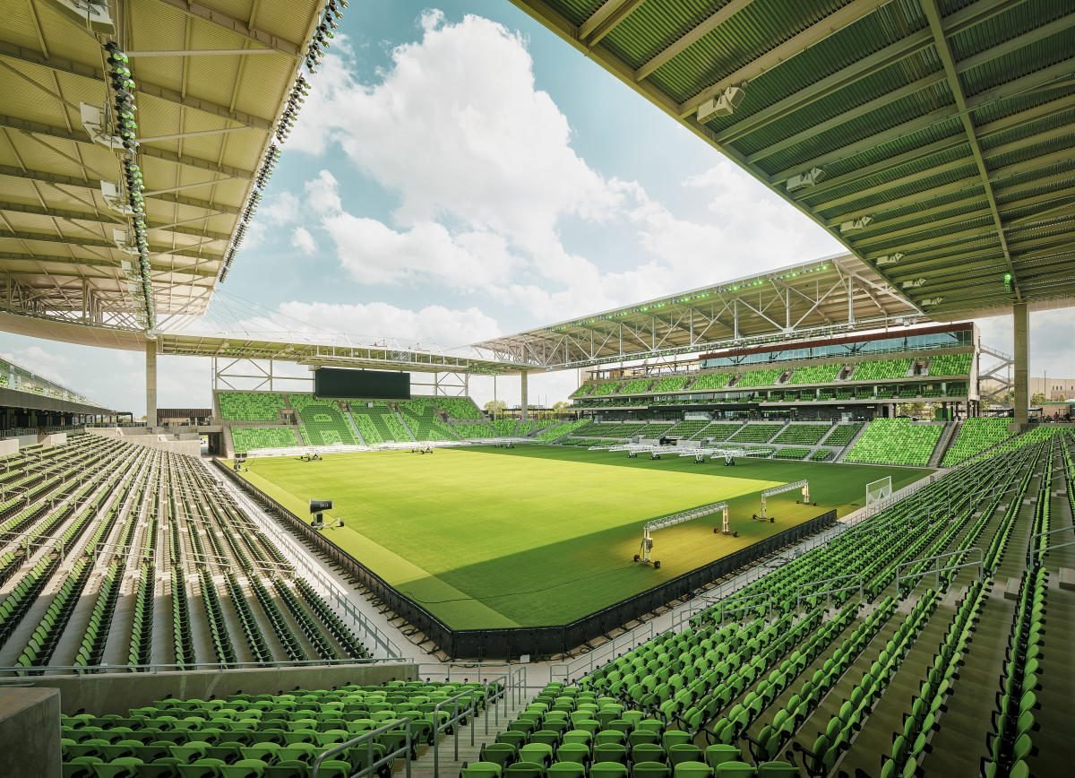 Q2 Stadium interior — home of Austin FC, 10414 McKalla Pl, Austin TX 78758. Kesos Tacos serves in Section 106 and Section 312 on match days.
