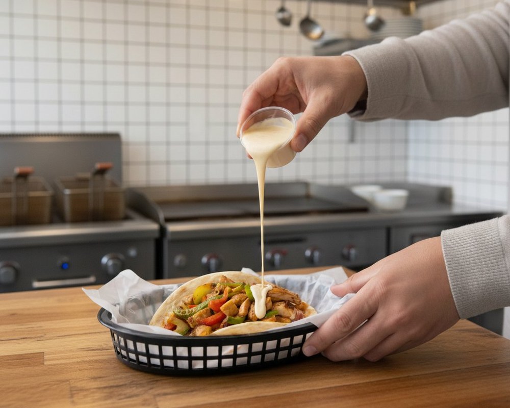 Queso being poured over a Kesos taco